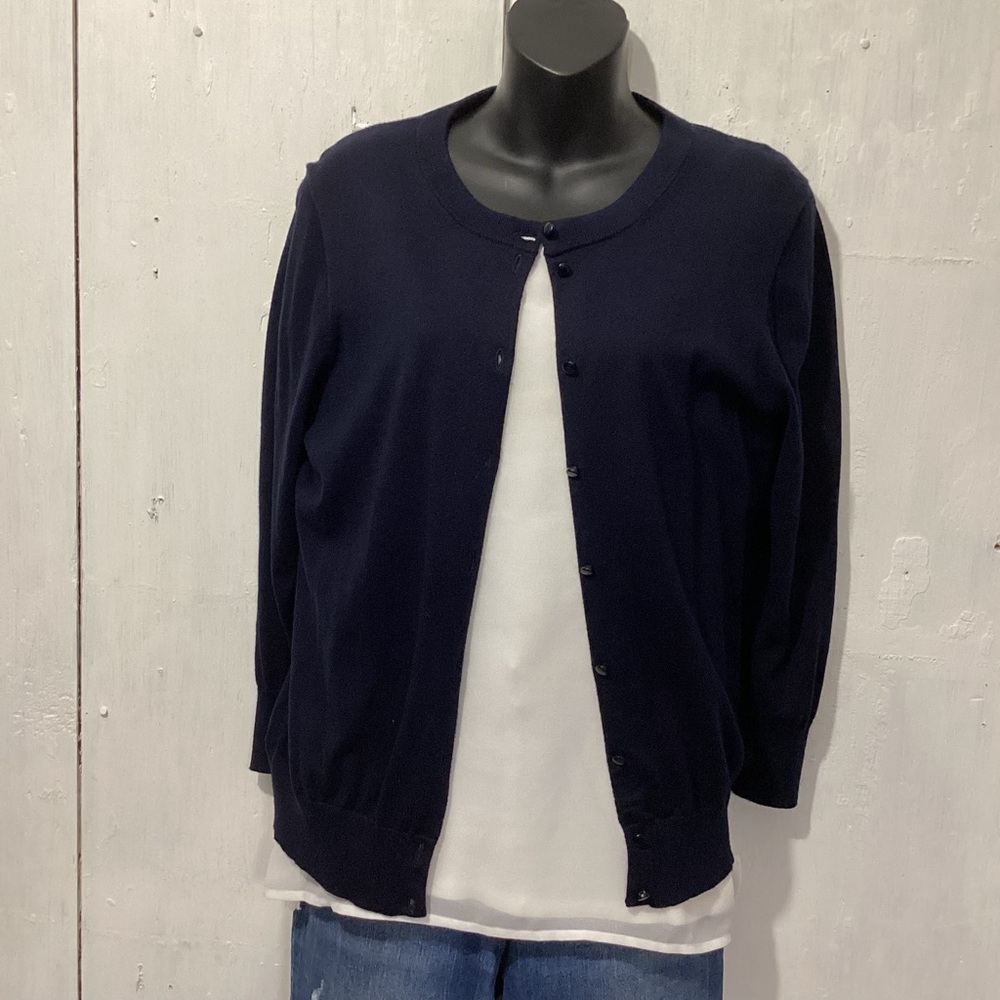 J Crew Navy Blue 3/4 Sleeves Cotton Cardigan Sweater, Size L